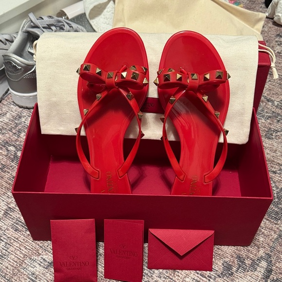 Valentino Shoes - Valentino Red Rockstud Bow Jelly Sandals with Gold Studs